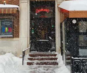 Sweetwaters front door during a snow storm. 