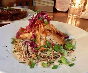 Asian salmon over soba noodles. 